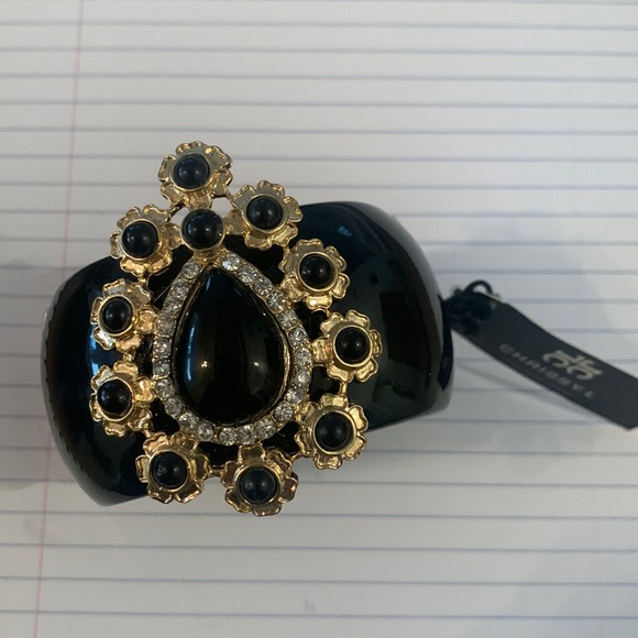 Retro black resin with gold and crystal statement bangle- 60’s feel. NWT. - Picture 2 of 5